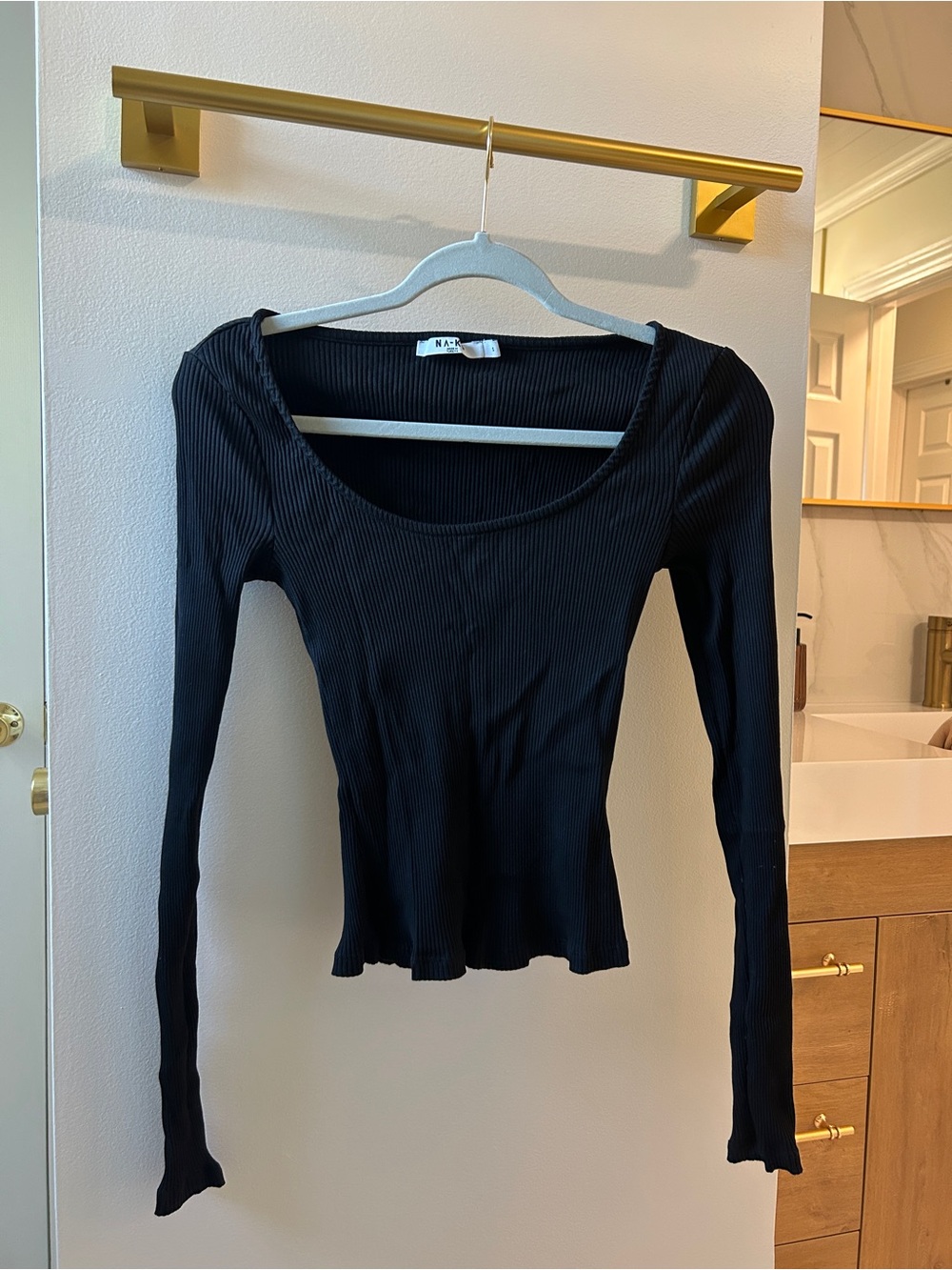 NA-KD Black and Beige Ribbed Scoop Neck Long-Sleeve Top Set of 2